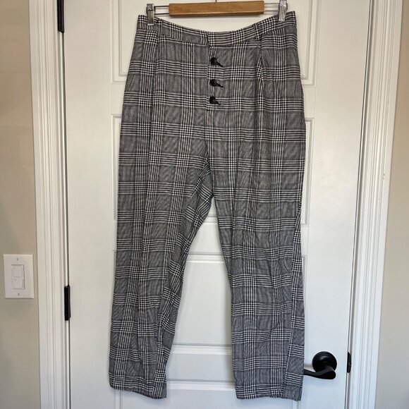 MANGO High Rise Pants Women's Size Medium 100% Cotton Ankle Black‎ White Plaid - Picture 2 of 13